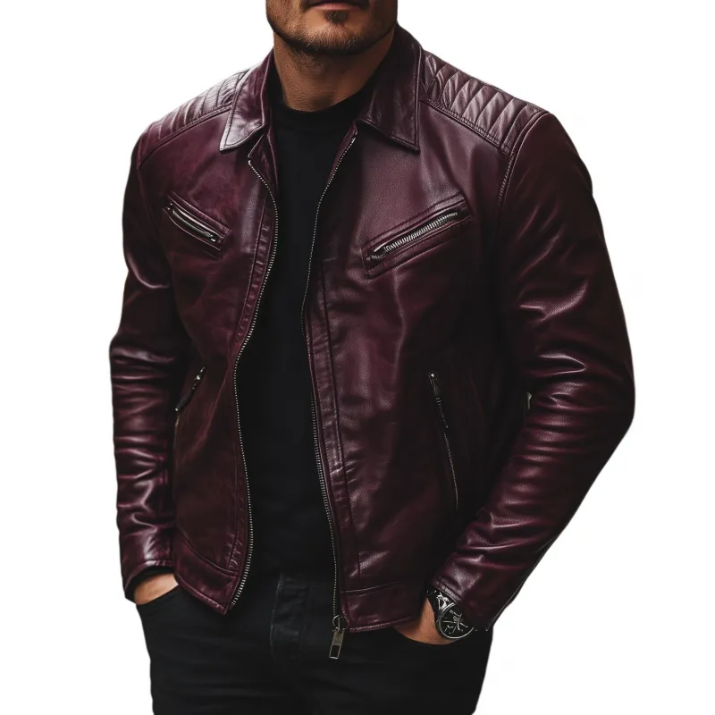 Men's Casual Vintage Solid Color PU Lapel Zipper Placket Multi-pocket Slim Fit Motorcycle Jacket MTA1486H6M sold by Manly