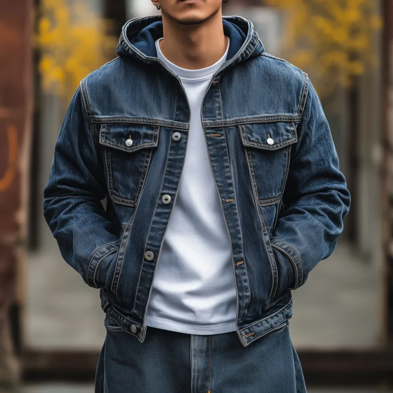 Men's Casual Outdoor Denim Washed Distressed Hooded Single-breasted Loose Bomber Jacket MTA1405H6M sold by Manly product image thumbnail 2