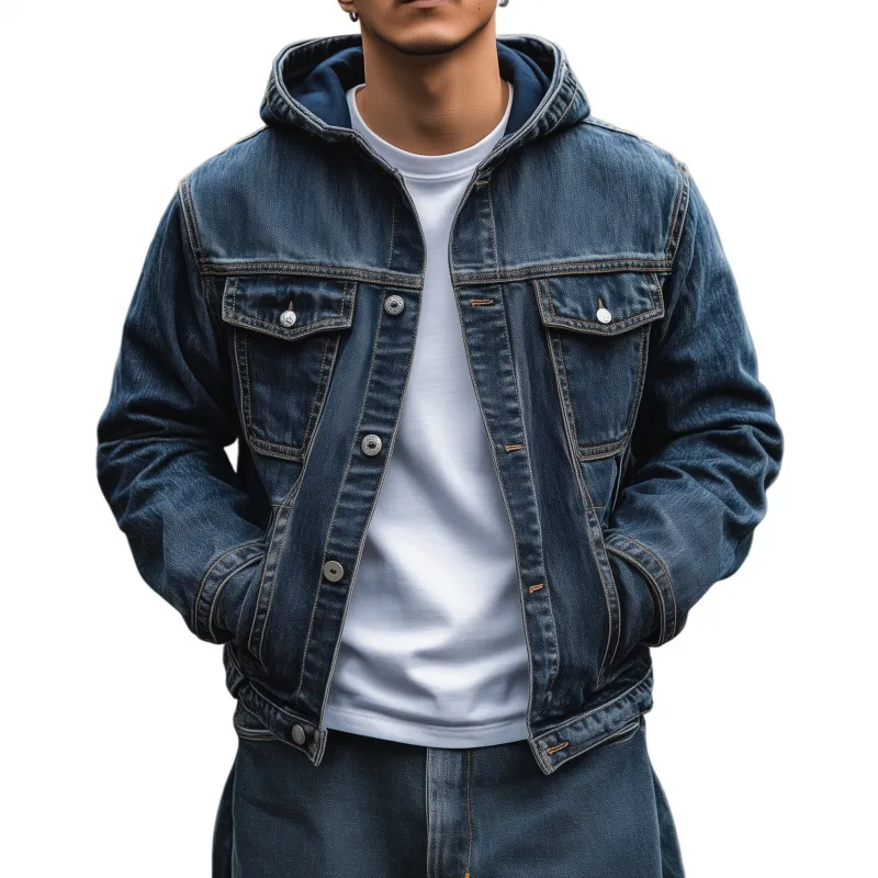 Men's Casual Outdoor Denim Washed Distressed Hooded Single-breasted Loose Bomber Jacket MTA1405H6M sold by Manly