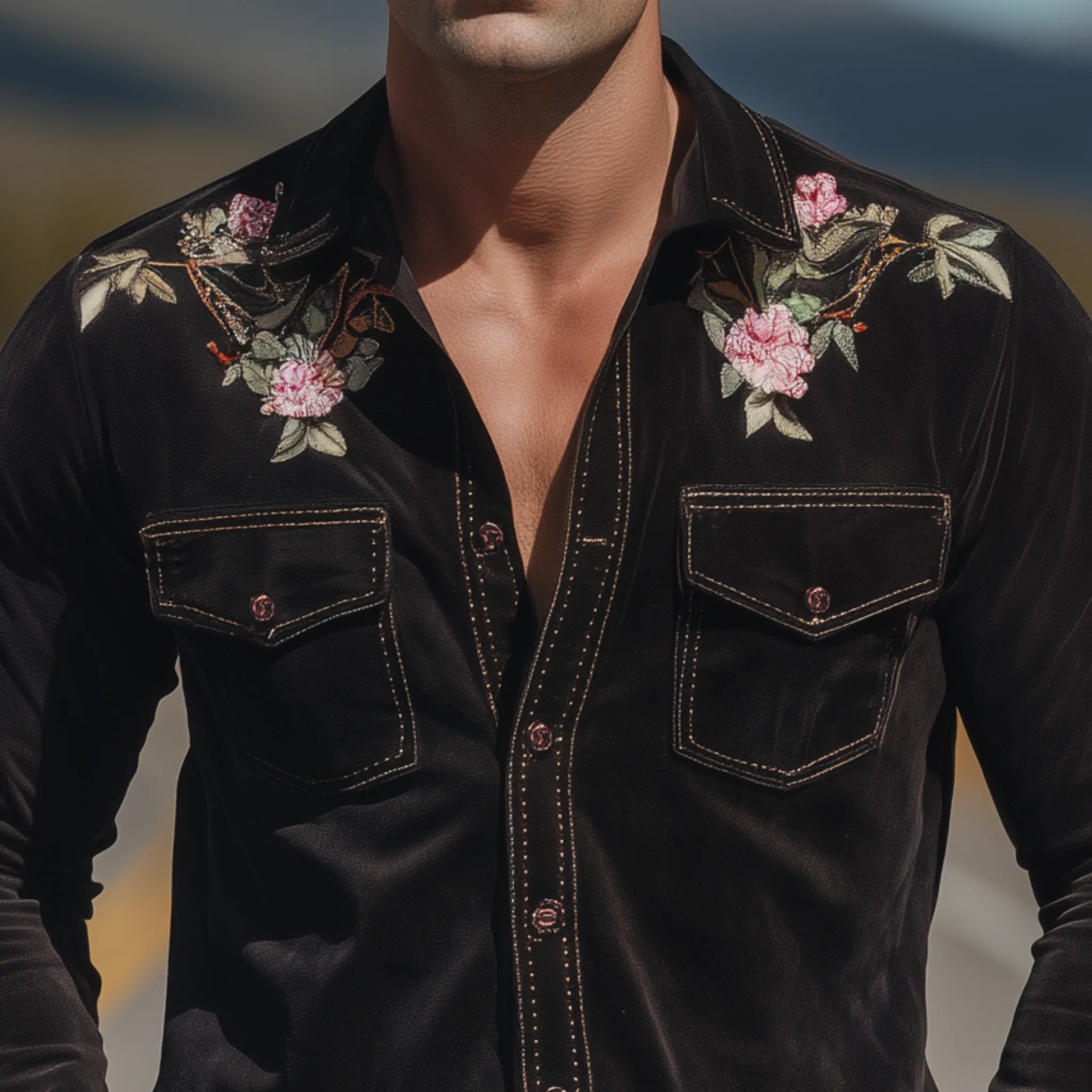 Men's Classic Retro Western Embroidered Suede Pocket Slim Fit Long Sleeve Shirt MTA1440H0K sold by Manly product image thumbnail 4