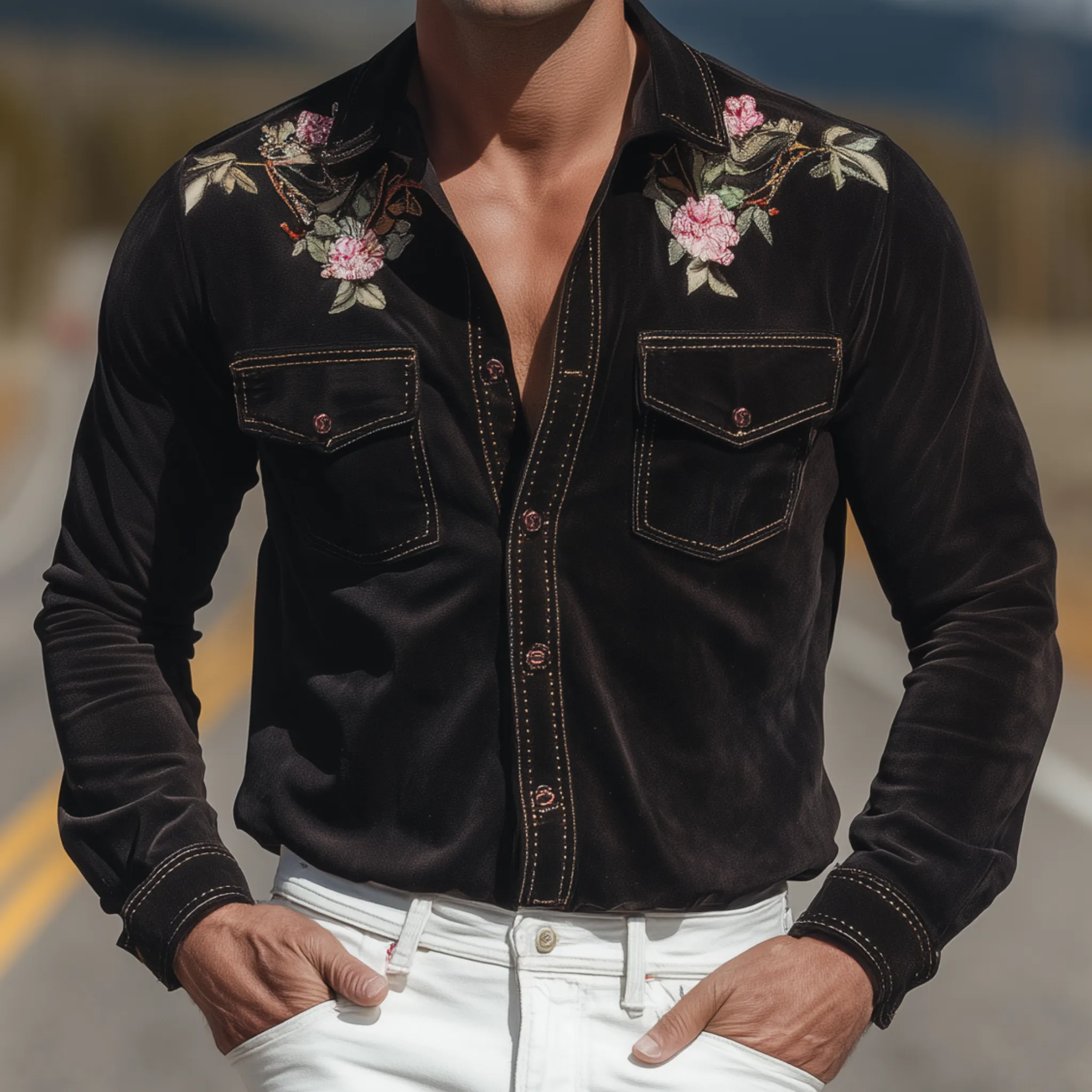 Men's Classic Retro Western Embroidered Suede Pocket Slim Fit Long Sleeve Shirt MTA1440H0K sold by Manly product image thumbnail 5