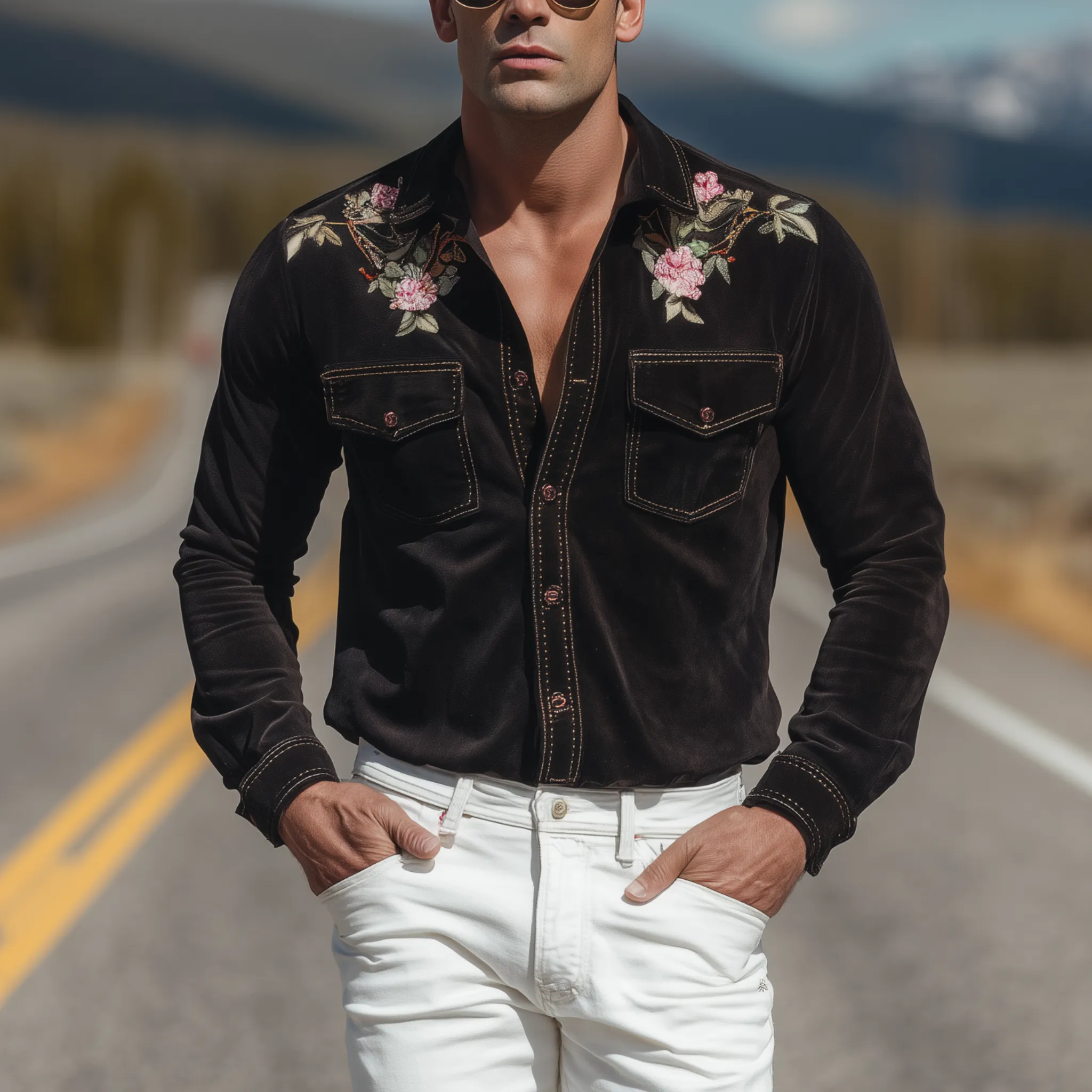 Men's Classic Retro Western Embroidered Suede Pocket Slim Fit Long Sleeve Shirt MTA1440H0K sold by Manly product image thumbnail 2