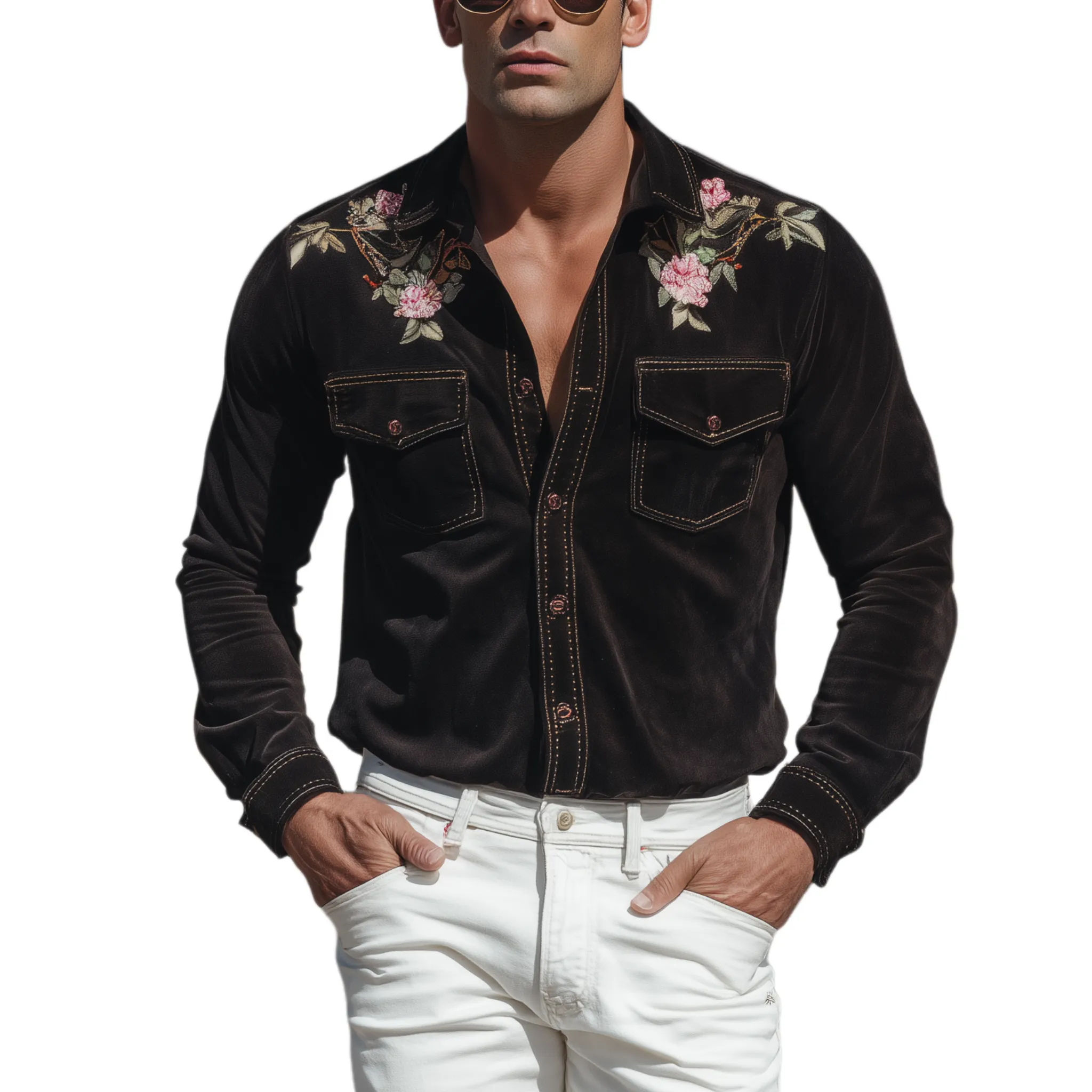 Men's Classic Retro Western Embroidered Suede Pocket Slim Fit Long Sleeve Shirt MTA1440H0K sold by Manly