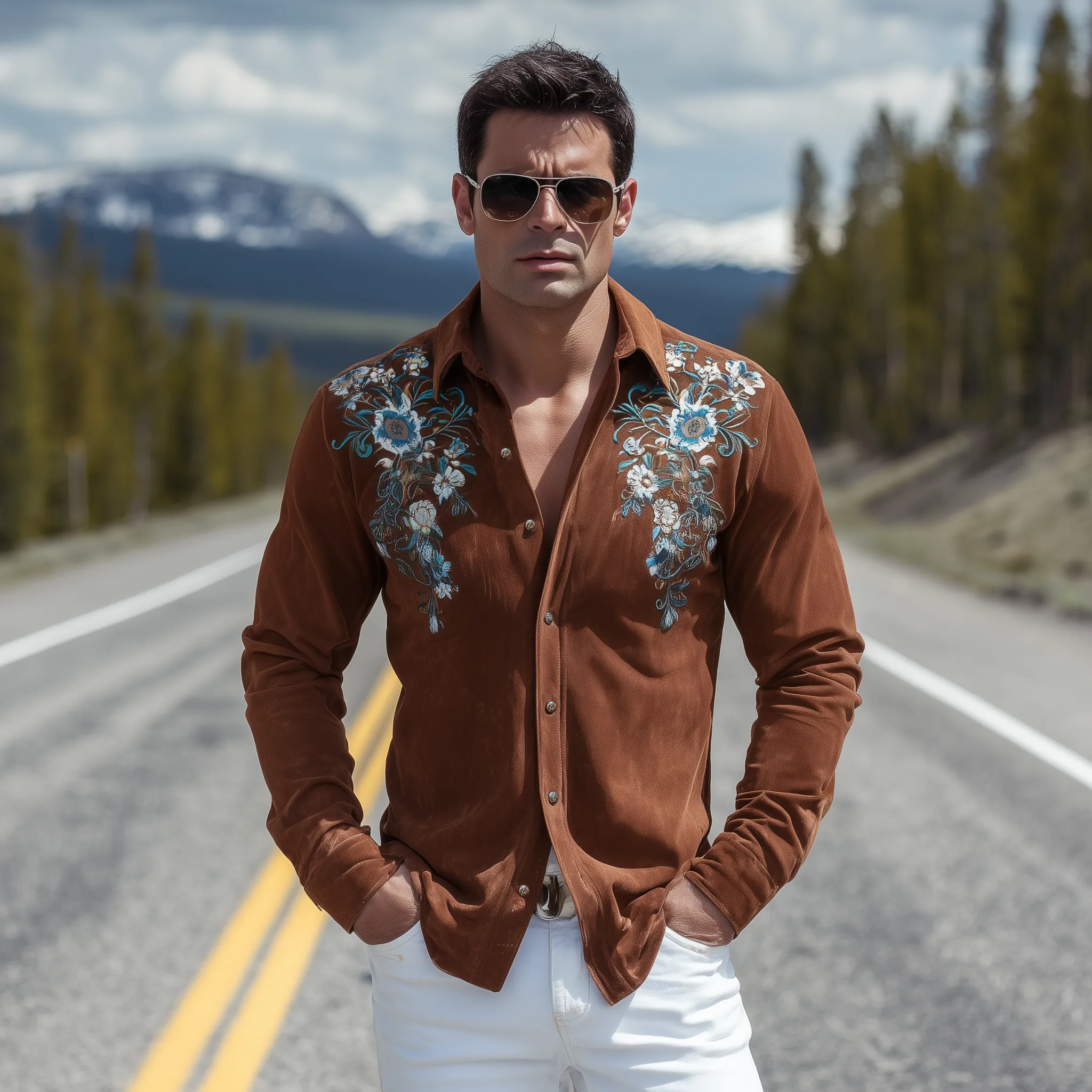 Men's Classic Retro Western Suede Embroidered Slim Fit Long Sleeve Shirt MTA1438H7K sold by Manly product image thumbnail 3