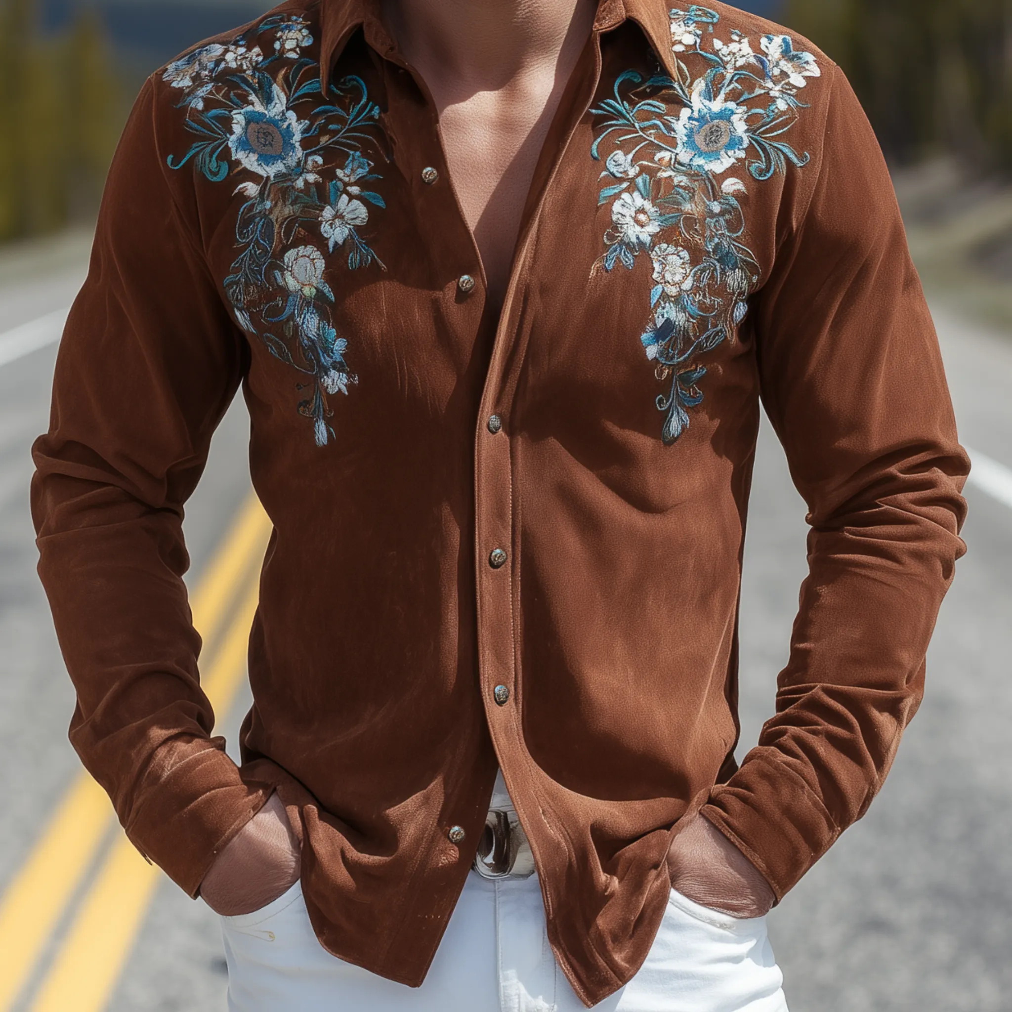 Men's Classic Retro Western Suede Embroidered Slim Fit Long Sleeve Shirt MTA1438H7K sold by Manly product image thumbnail 5