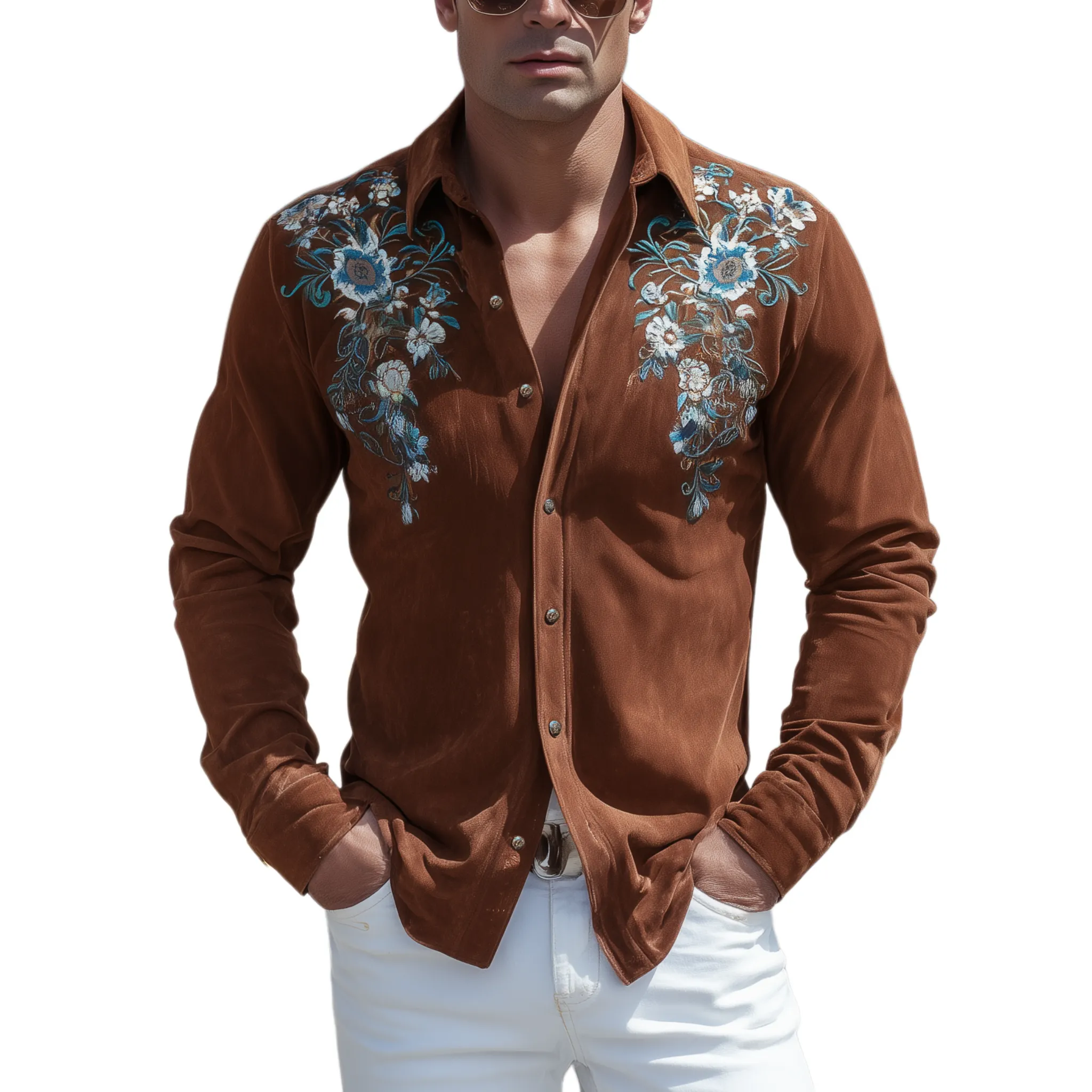 Men's Classic Retro Western Suede Embroidered Slim Fit Long Sleeve Shirt MTA1438H7K sold by Manly