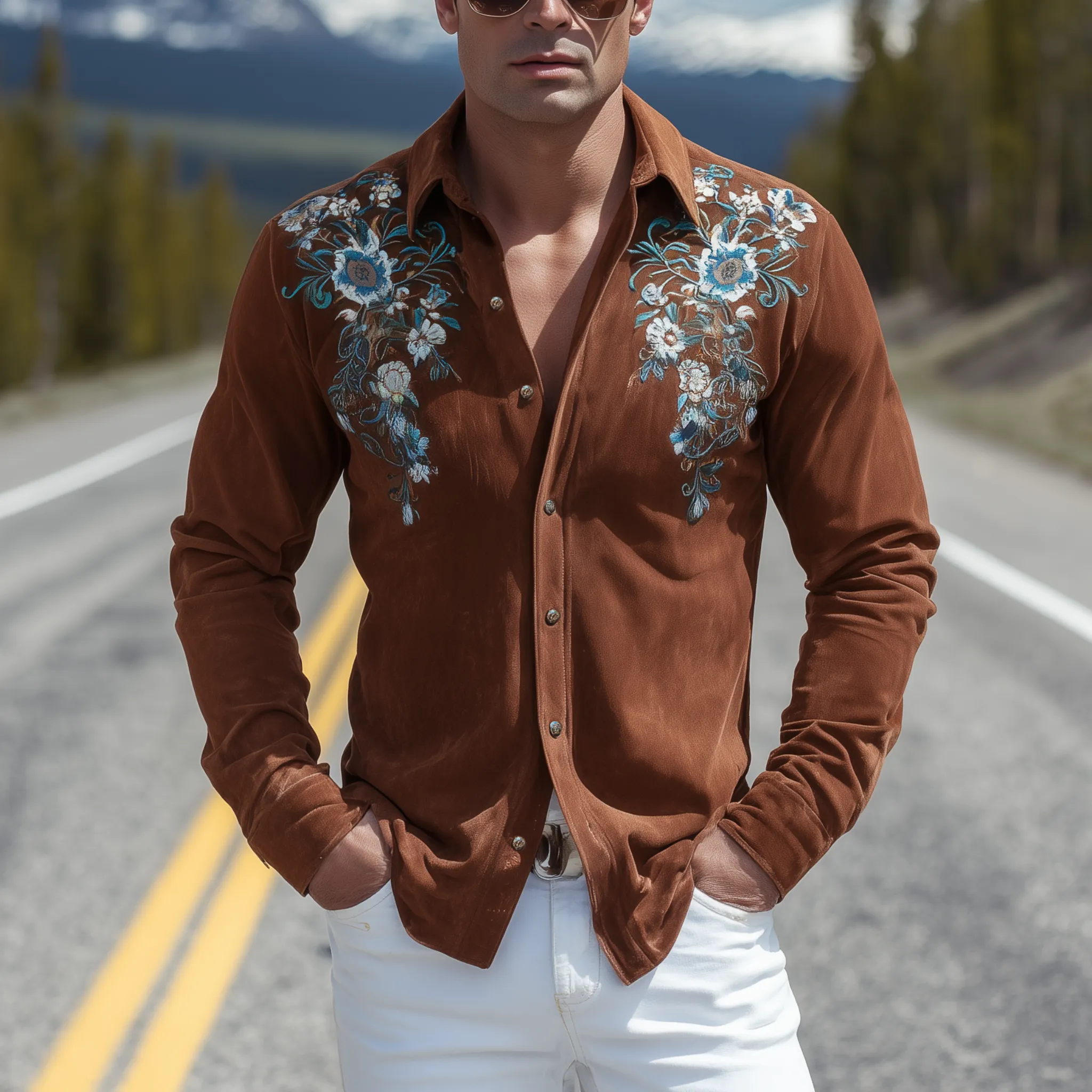 Men's Classic Retro Western Suede Embroidered Slim Fit Long Sleeve Shirt MTA1438H7K sold by Manly product image thumbnail 2