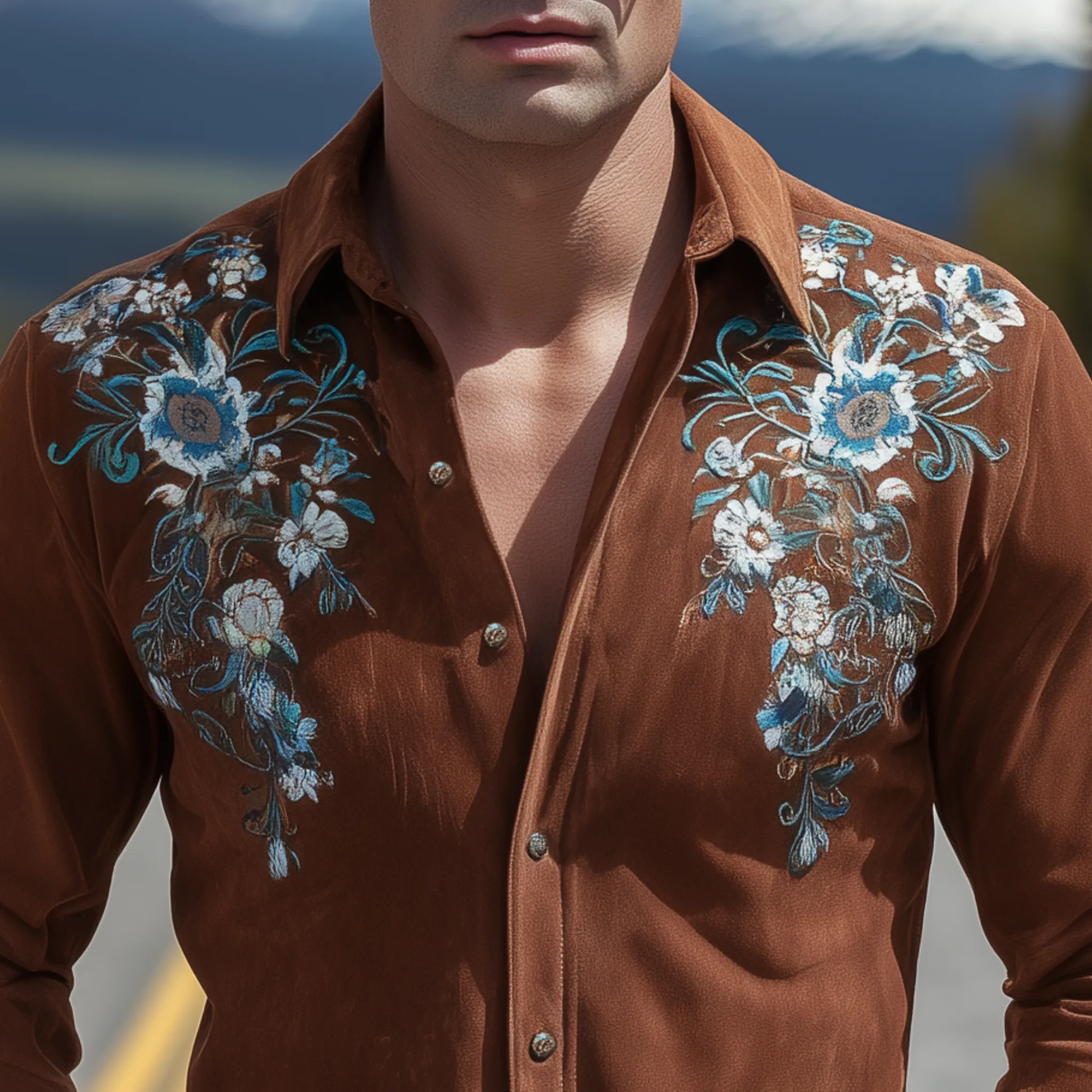 Men's Classic Retro Western Suede Embroidered Slim Fit Long Sleeve Shirt MTA1438H7K sold by Manly product image thumbnail 4