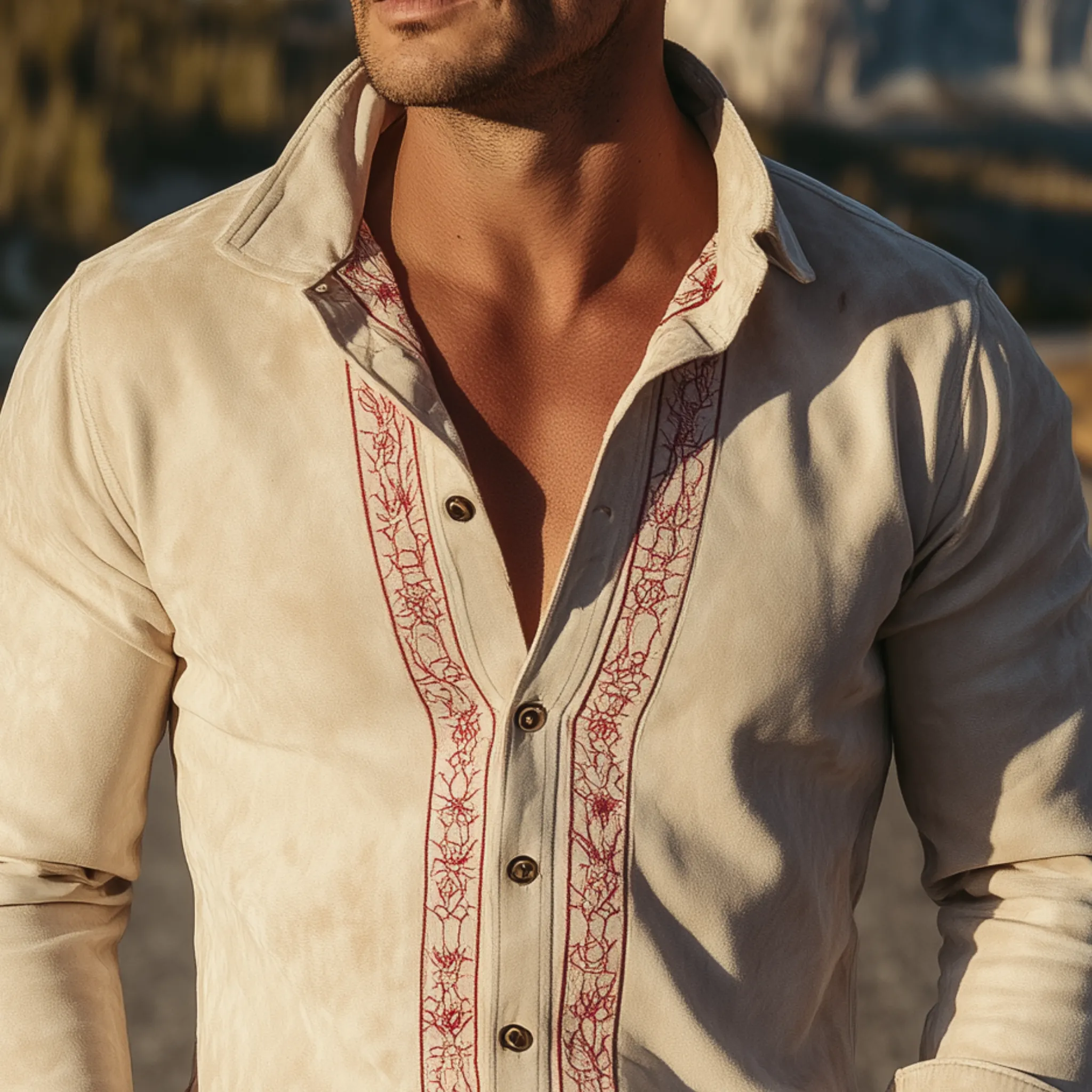 Men's Classic Retro Western Embroidered Suede Slim Fit Long Sleeve Shirt MTA1414H0K sold by Manly product image thumbnail 4