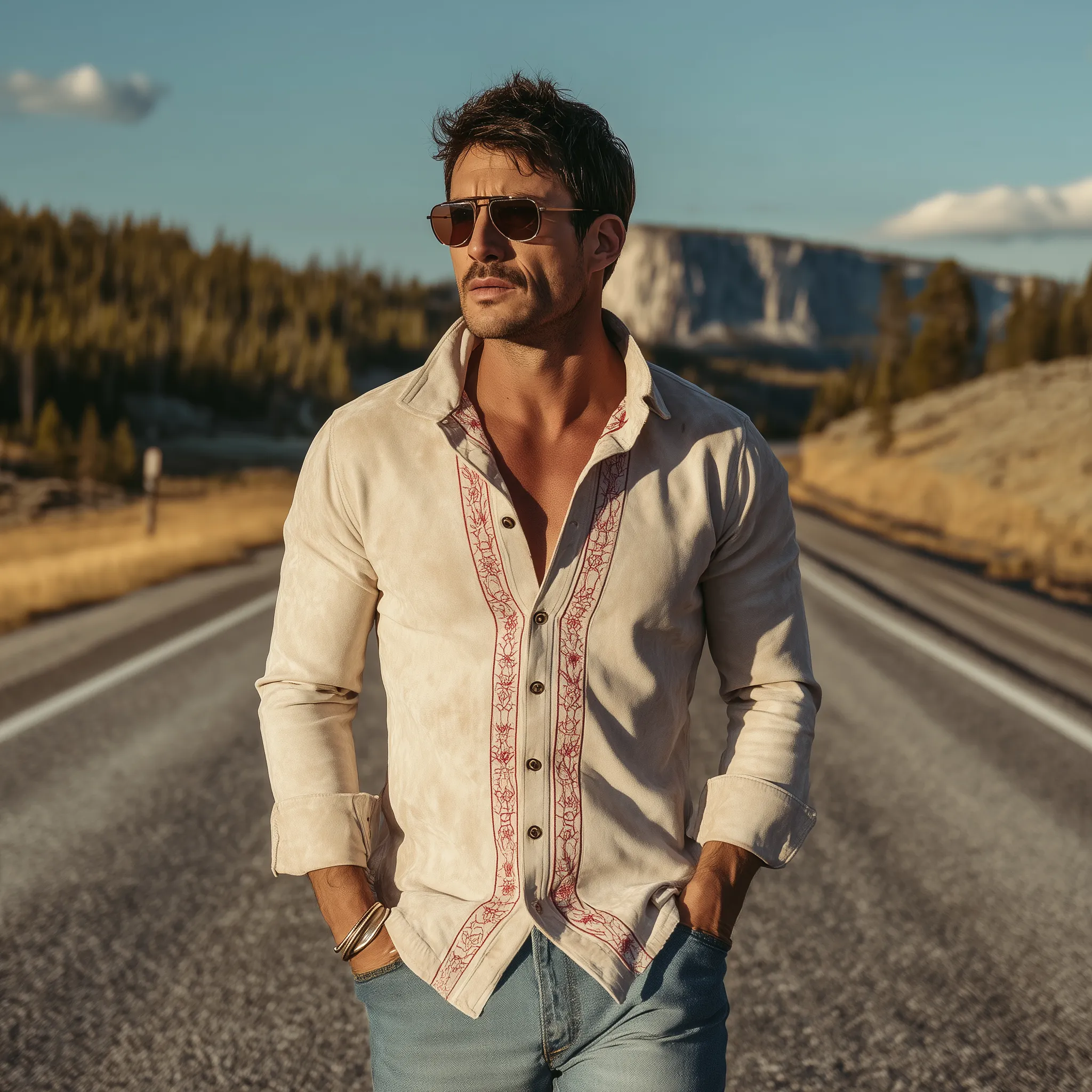 Men's Classic Retro Western Embroidered Suede Slim Fit Long Sleeve Shirt MTA1414H0K sold by Manly product image thumbnail 3