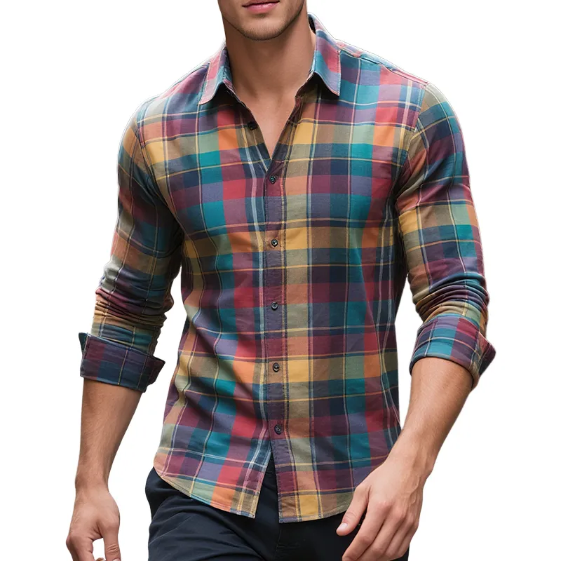 Men's Retro Casual Color Plaid Print Lapel Long Sleeve Shirt MTA1182H0TO sold by Manly