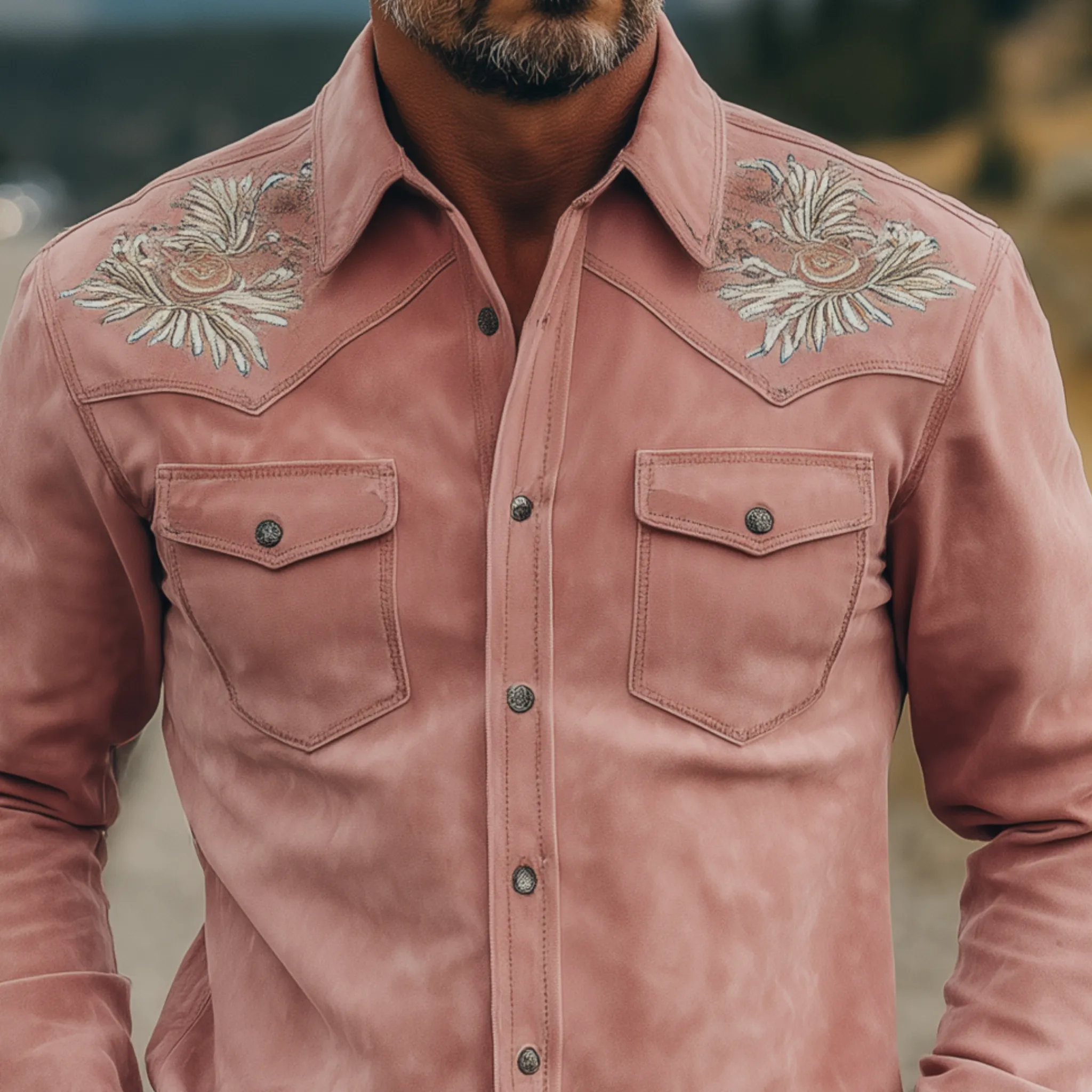 Men's Classic Retro Western Style Embroidered Pink Suede Slim-fit Long-sleeved Shirt MTA1476H5K sold by Manly product image thumbnail 4