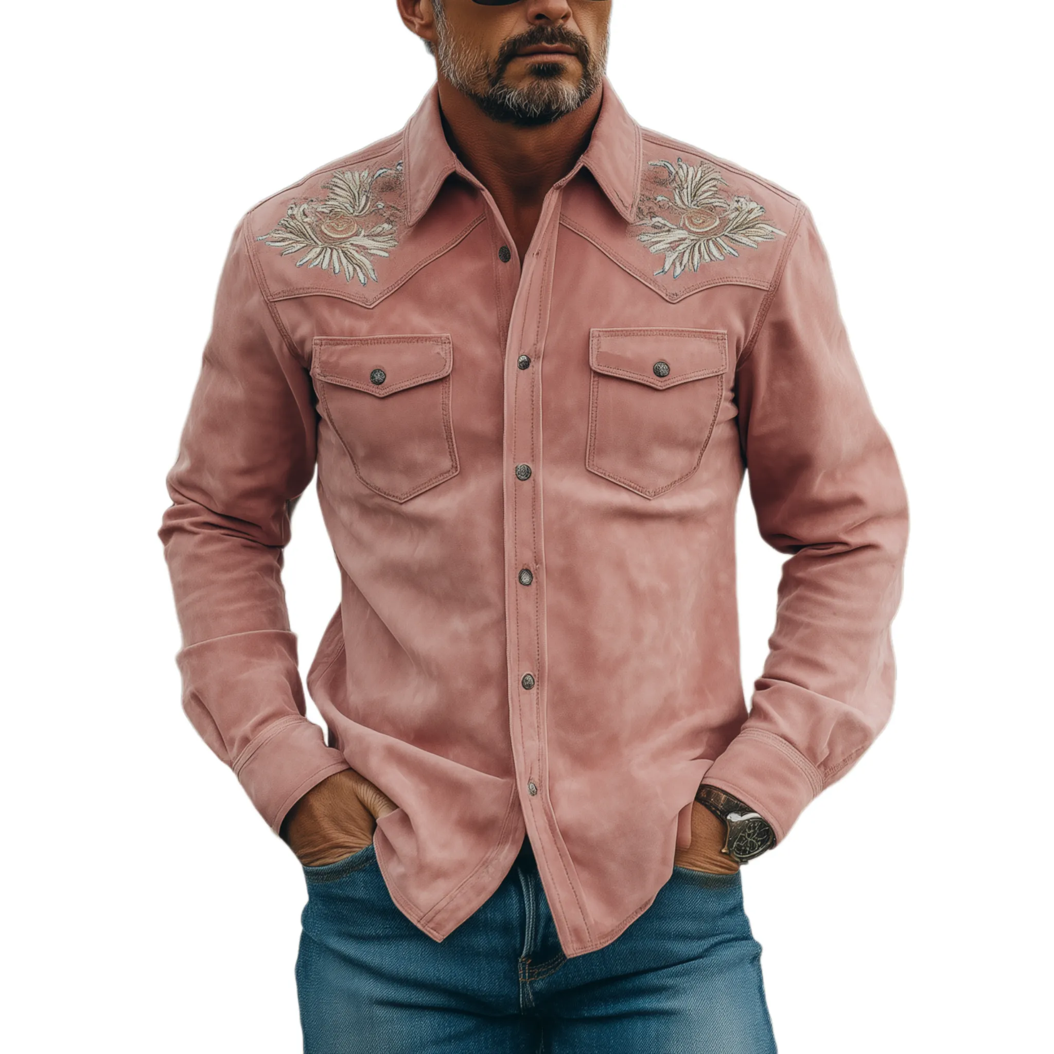 Men's Classic Retro Western Style Embroidered Pink Suede Slim-fit Long-sleeved Shirt MTA1476H5K sold by Manly
