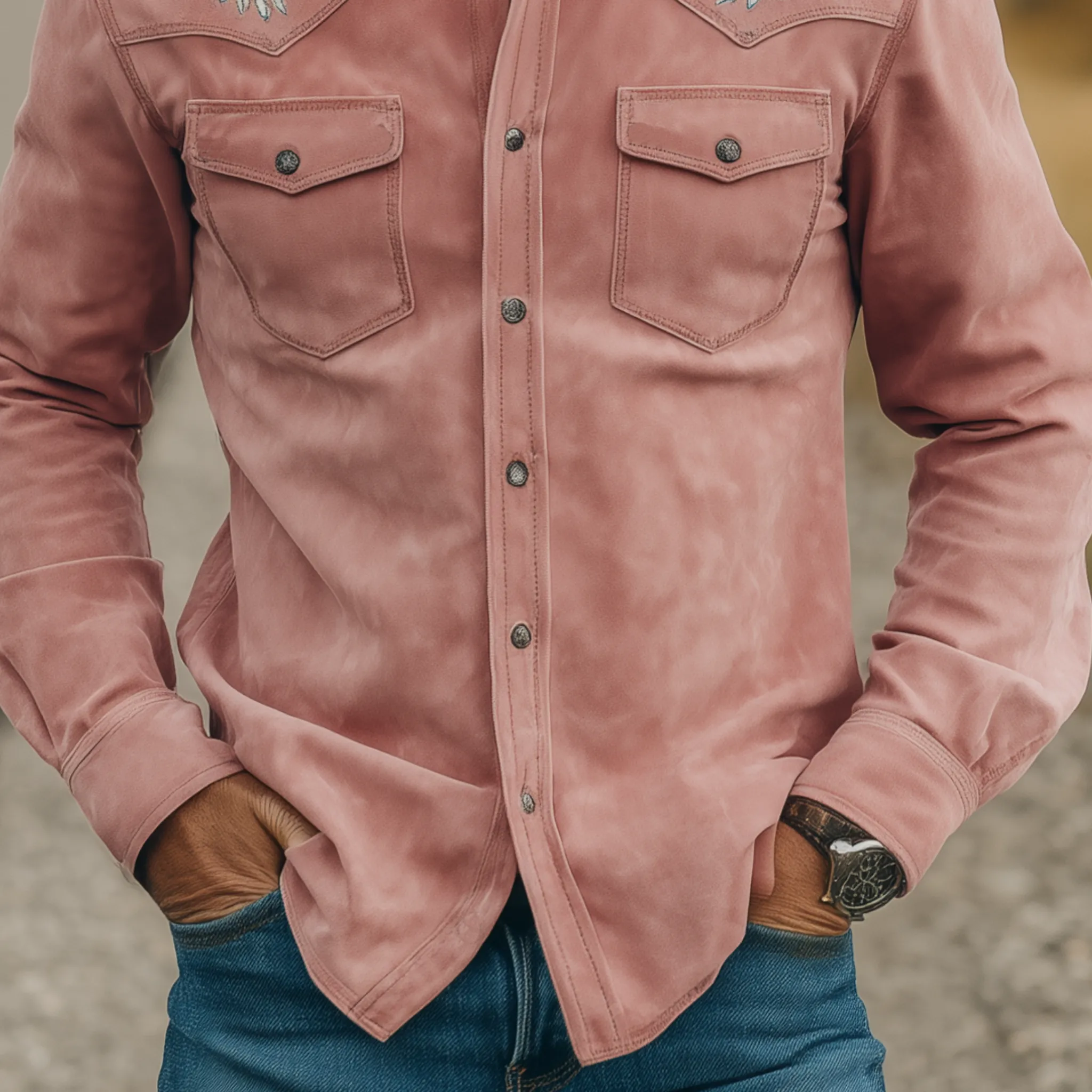 Men's Classic Retro Western Style Embroidered Pink Suede Slim-fit Long-sleeved Shirt MTA1476H5K sold by Manly product image thumbnail 5