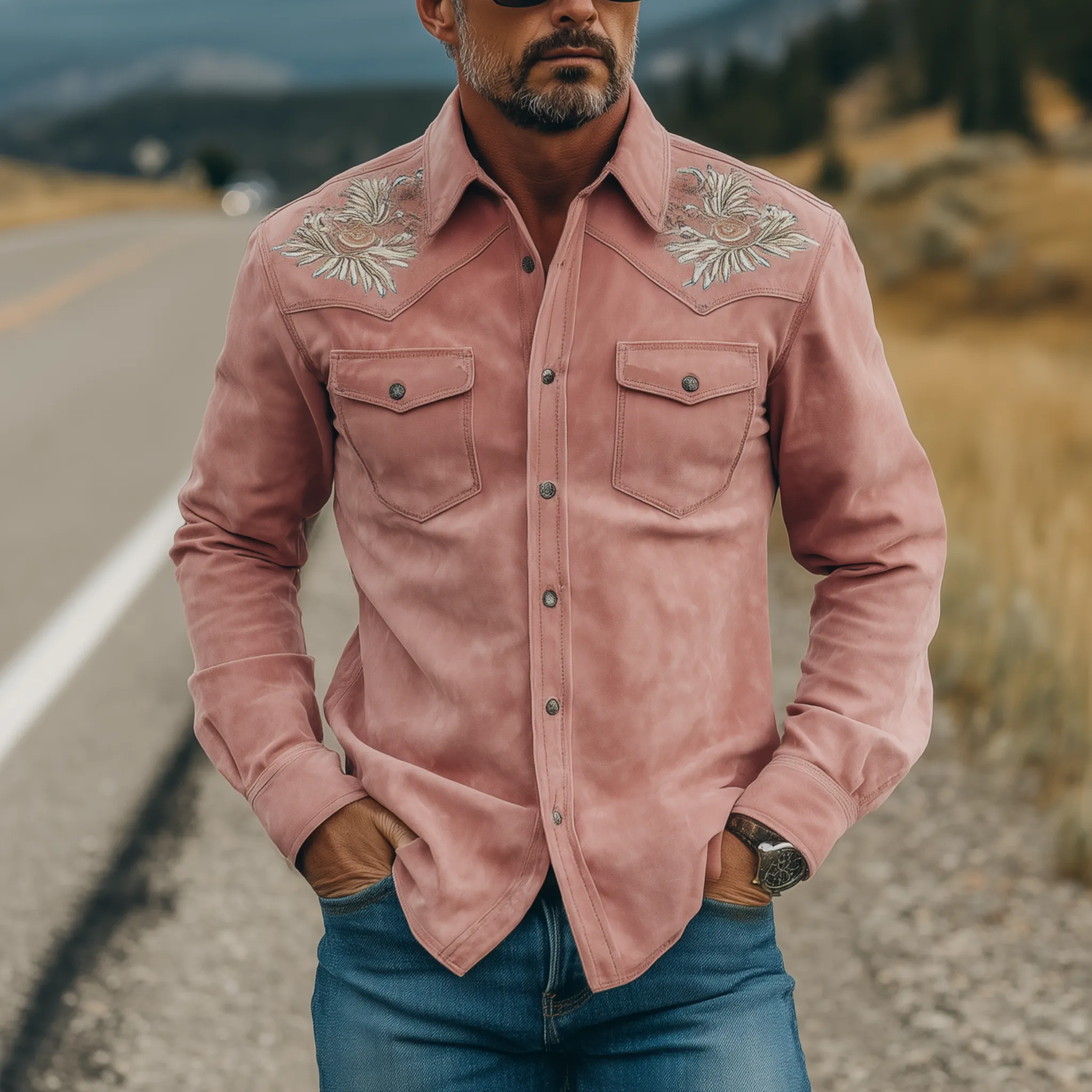 Men's Classic Retro Western Style Embroidered Pink Suede Slim-fit Long-sleeved Shirt MTA1476H5K sold by Manly product image thumbnail 2
