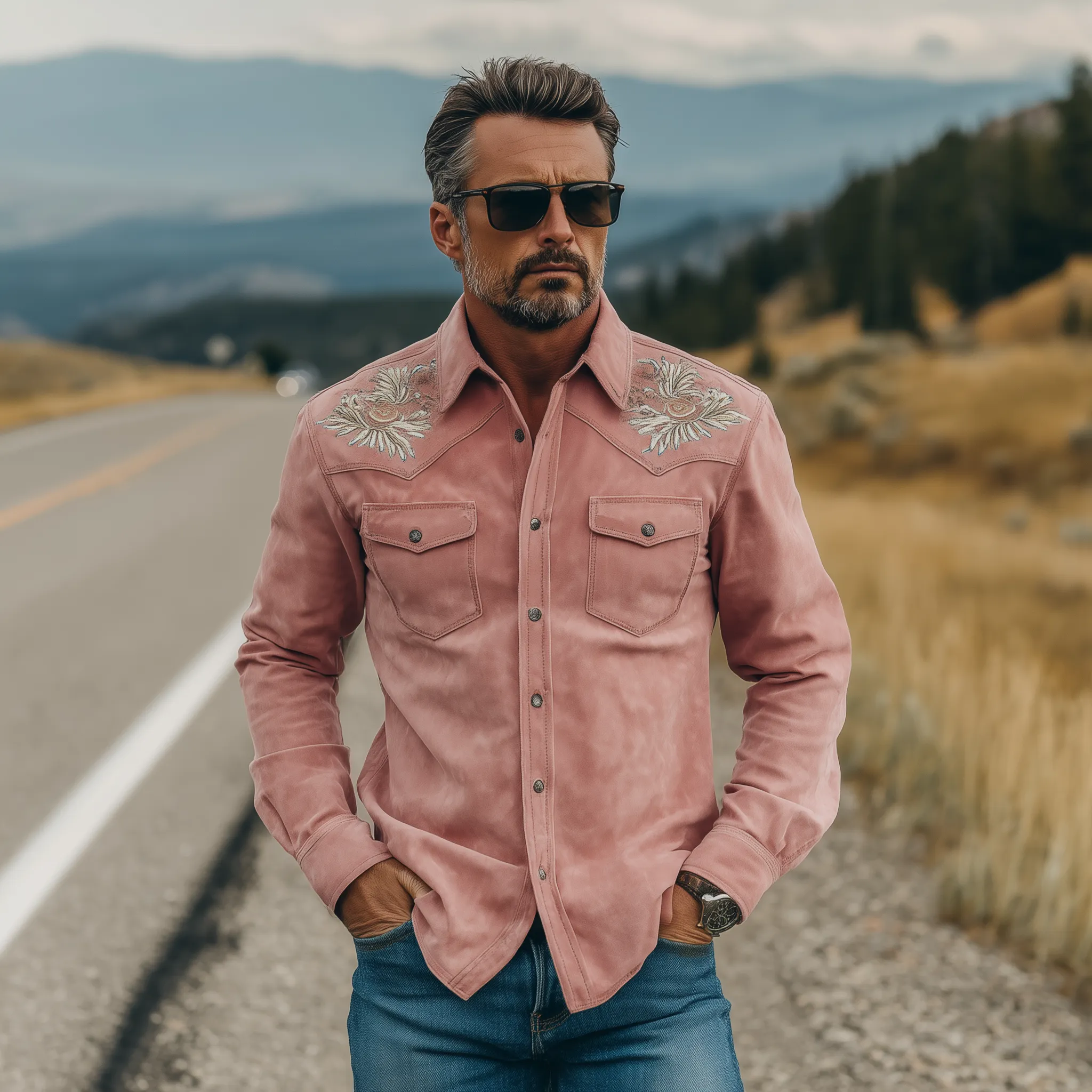 Men's Classic Retro Western Style Embroidered Pink Suede Slim-fit Long-sleeved Shirt MTA1476H5K sold by Manly product image thumbnail 3