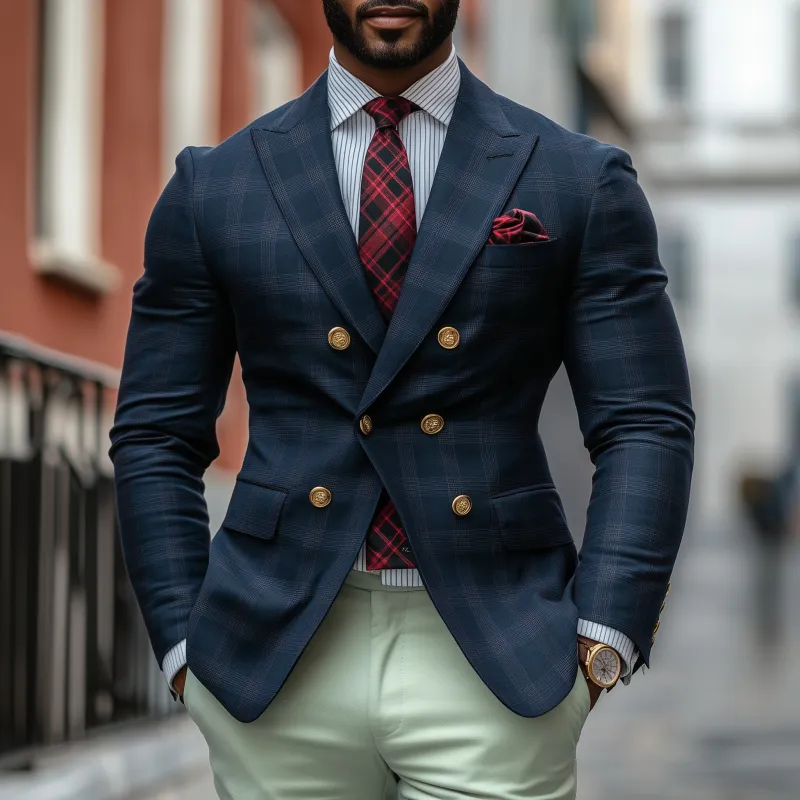 Men's Vintage Cotton Blend Plaid Peaked Lapel Double-Breasted Slim-Fit Blazer MTA1445H6M sold by Manly product image thumbnail 2