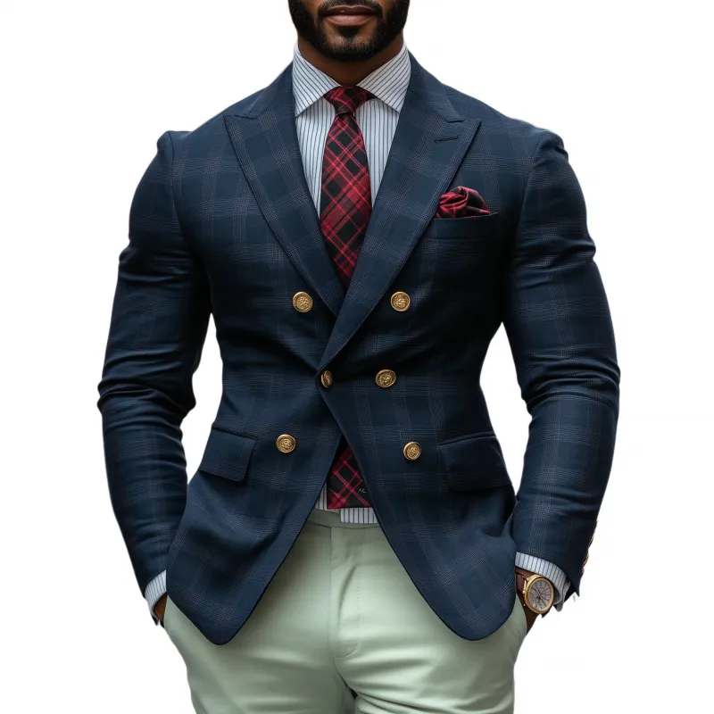 Men's Vintage Cotton Blend Plaid Peaked Lapel Double-Breasted Slim-Fit Blazer MTA1445H6M sold by Manly