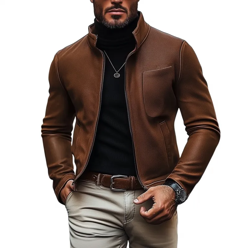 Men's Vintage Solid Color Litchi Pattern PU Stand Collar Zipper Placket Slim Fit Jacket MTA1407H5M sold by Manly