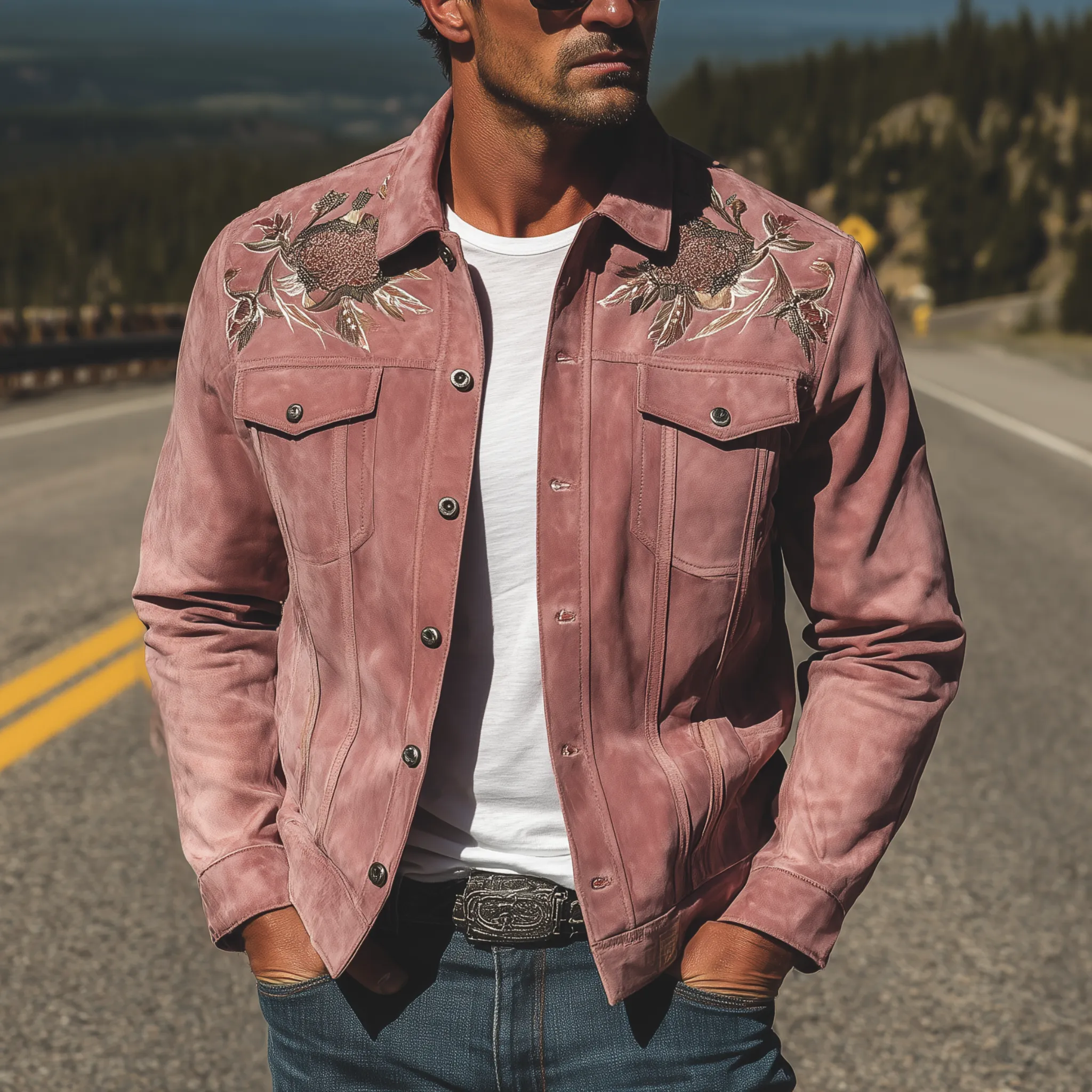 Men's Classic Retro Western Style Pink Suede Embroidered Jacket MTA1441H5K sold by Manly product image thumbnail 2