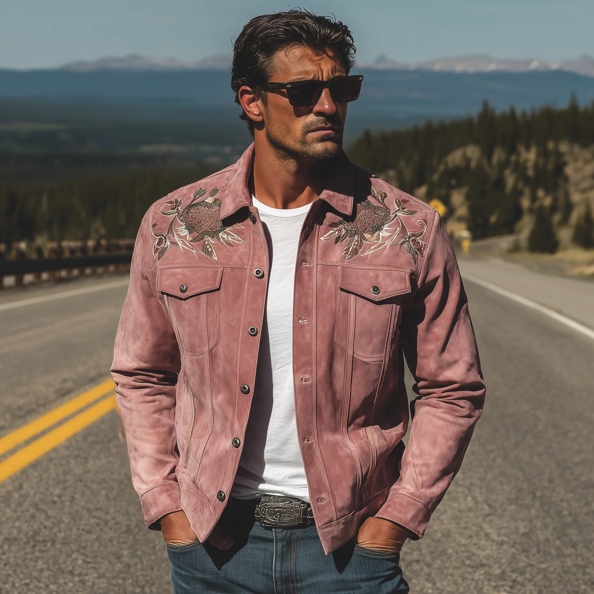 Men's Classic Retro Western Style Pink Suede Embroidered Jacket MTA1441H5K sold by Manly product image thumbnail 3
