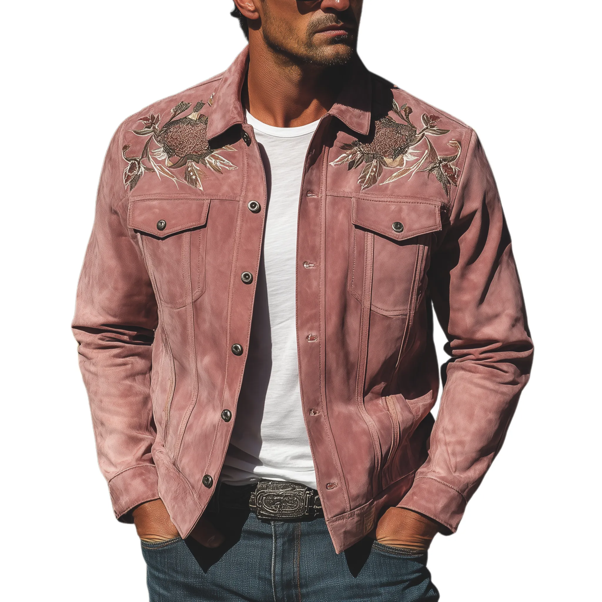 Men's Classic Retro Western Style Pink Suede Embroidered Jacket MTA1441H5K sold by Manly