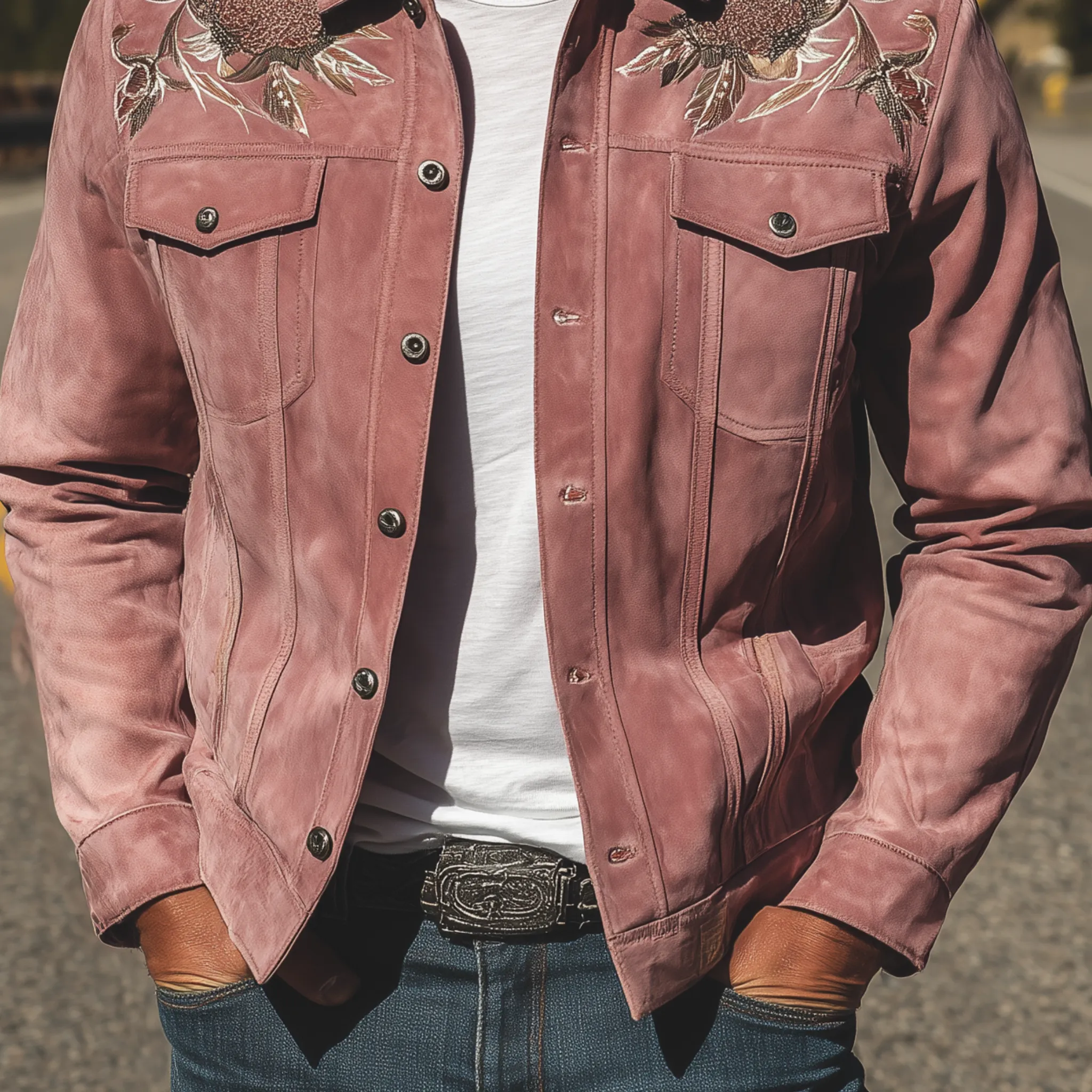 Men's Classic Retro Western Style Pink Suede Embroidered Jacket MTA1441H5K sold by Manly product image thumbnail 5