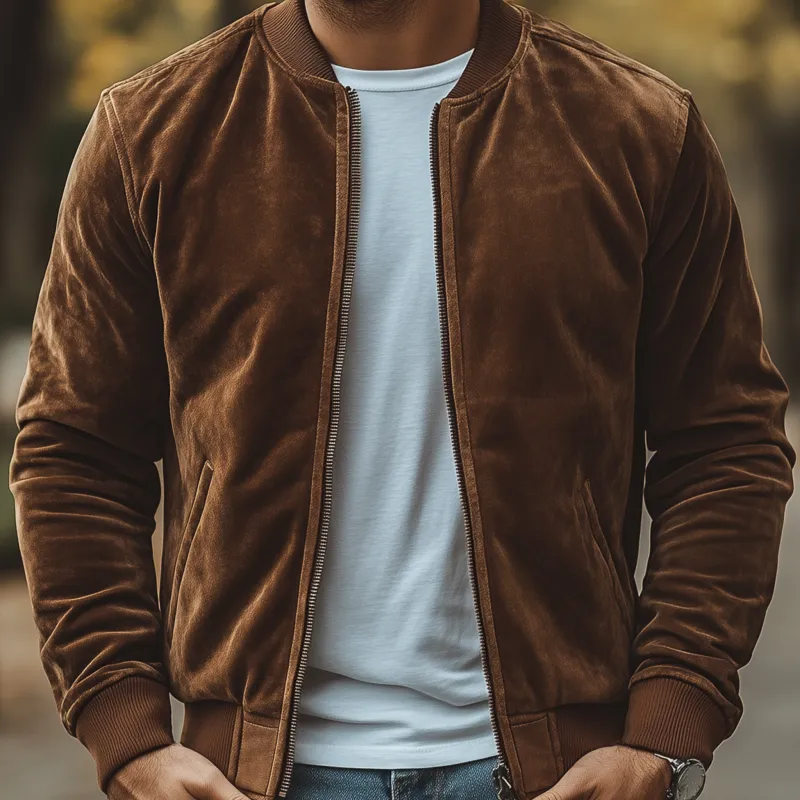 Men's Casual Solid Color Velvet Stand Collar Zipper Placket Loose Baseball Jacket MTA1404H9M sold by Manly product image thumbnail 3