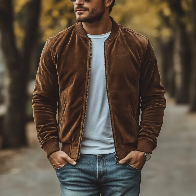 Men's Casual Solid Color Velvet Stand Collar Zipper Placket Loose Baseball Jacket MTA1404H9M sold by Manly product image thumbnail 2