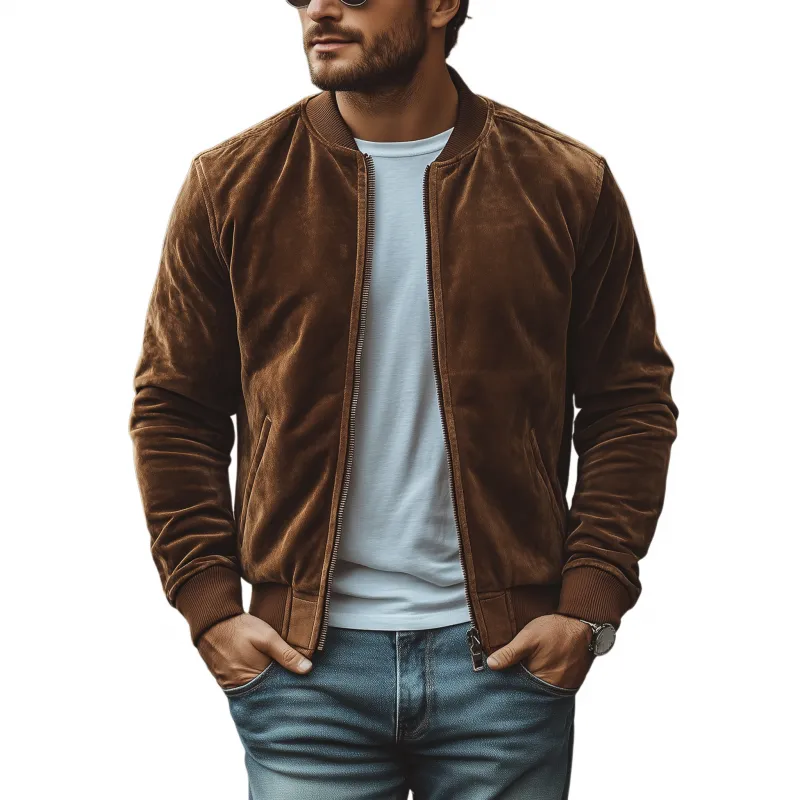 Men's Casual Solid Color Velvet Stand Collar Zipper Placket Loose Baseball Jacket MTA1404H9M sold by Manly