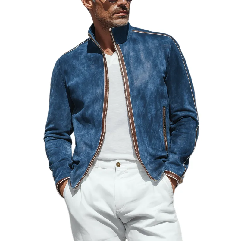 Men's Classic Casual Stand Collar Stitching PU Leather Zipper Suede Jacket MTA1400H0K sold by Manly