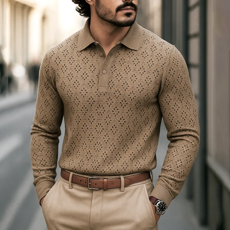 Men's Openwork Knit Lapel Long Sleeve Polo Shirt MTA1407H4Z sold by Manly product image thumbnail 2