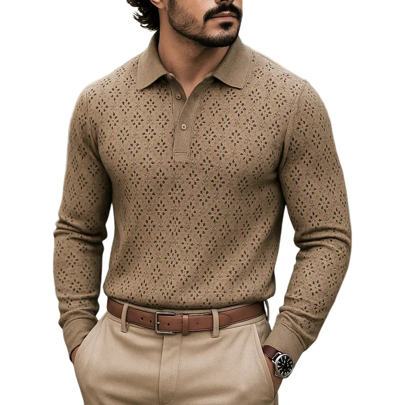 Men's Openwork Knit Lapel Long Sleeve Polo Shirt MTA1407H4Z sold by Manly
