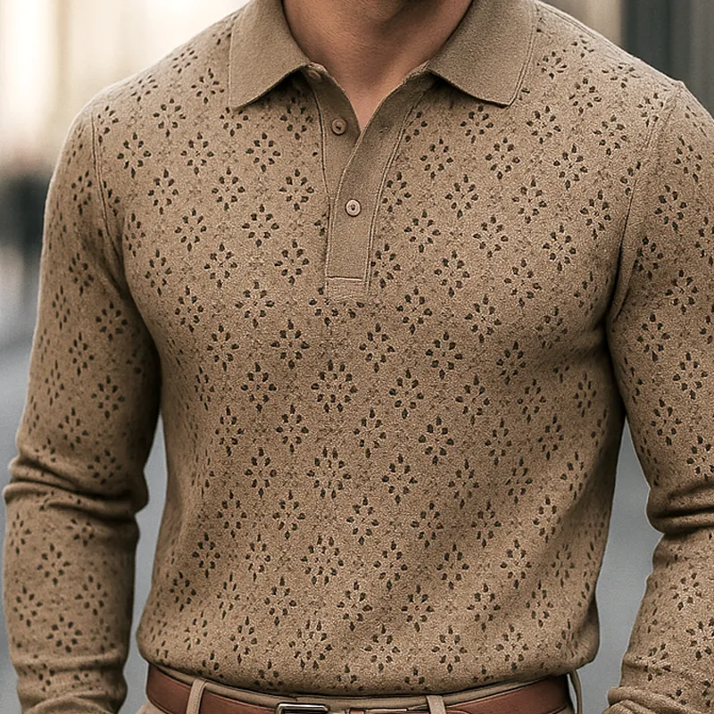 Men's Openwork Knit Lapel Long Sleeve Polo Shirt MTA1407H4Z sold by Manly product image thumbnail 3