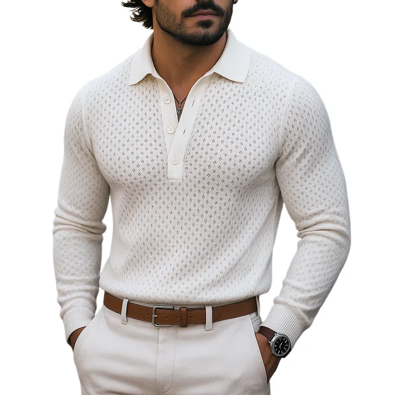 Men's Openwork Knit Lapel Long Sleeve Polo Shirt MTA1446H0Z sold by Manly