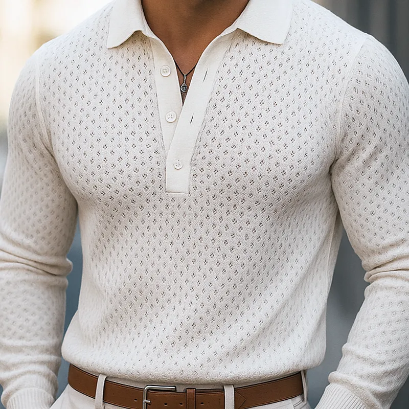 Men's Openwork Knit Lapel Long Sleeve Polo Shirt MTA1446H0Z sold by Manly product image thumbnail 3