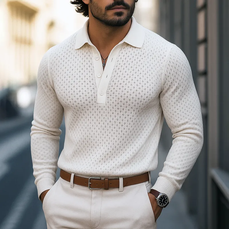 Men's Openwork Knit Lapel Long Sleeve Polo Shirt MTA1446H0Z sold by Manly product image thumbnail 2