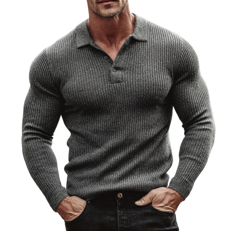 Men's Solid Knit Striped Lapel Long Sleeve Polo Shirt MTA1420H6Z sold by Manly