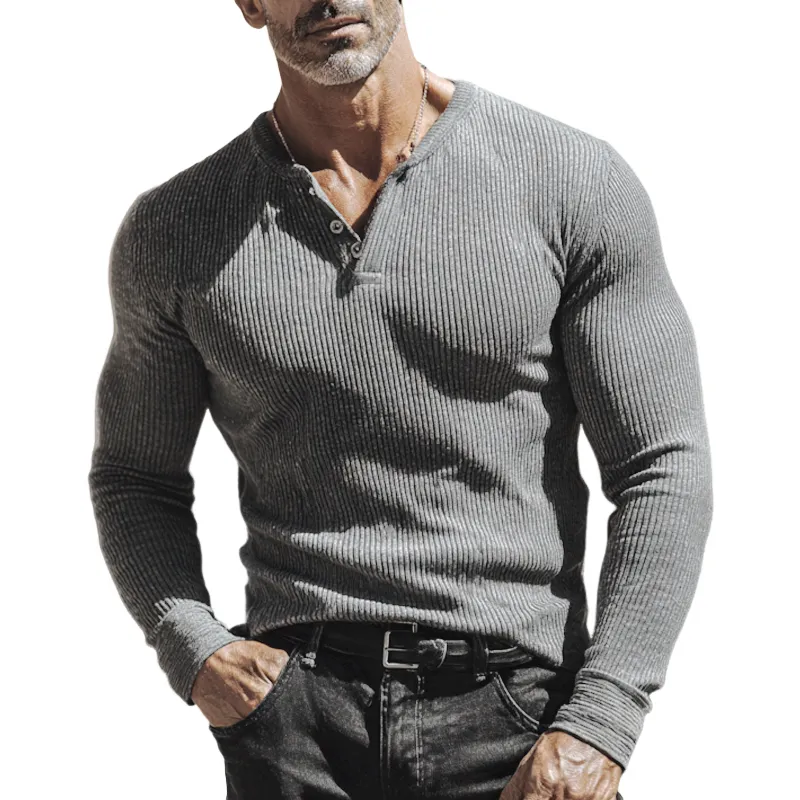 Men's Solid Striped Henley Collar Long Sleeve T-shirt MTA1408H5Z sold by Manly