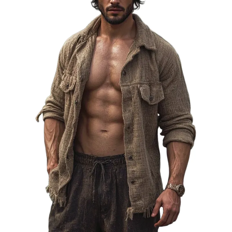 Men's Plaid Linen Lapel Long Sleeve Raw Hem Casual Shirt MTA1426H0Z sold by Manly