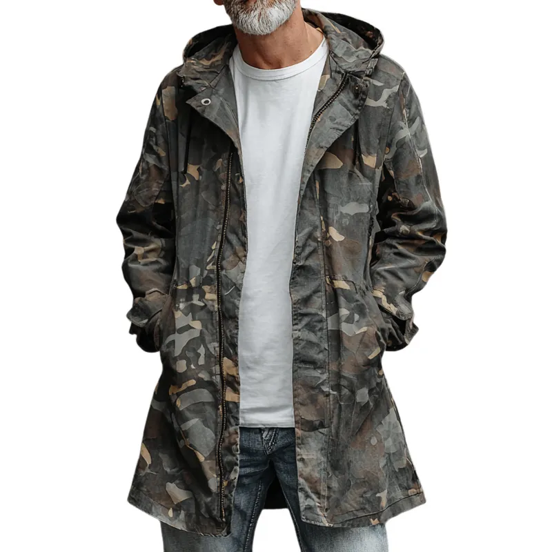 Men's Camouflage Hooded Mid-length Cargo Coat MTA1441H9Z sold by Manly