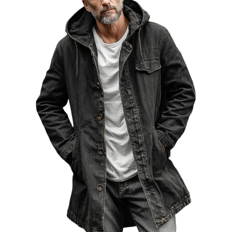 Men's Washed Cotton Hooded Single Breasted Mid Length Coat MTA1386H3Z sold by Manly