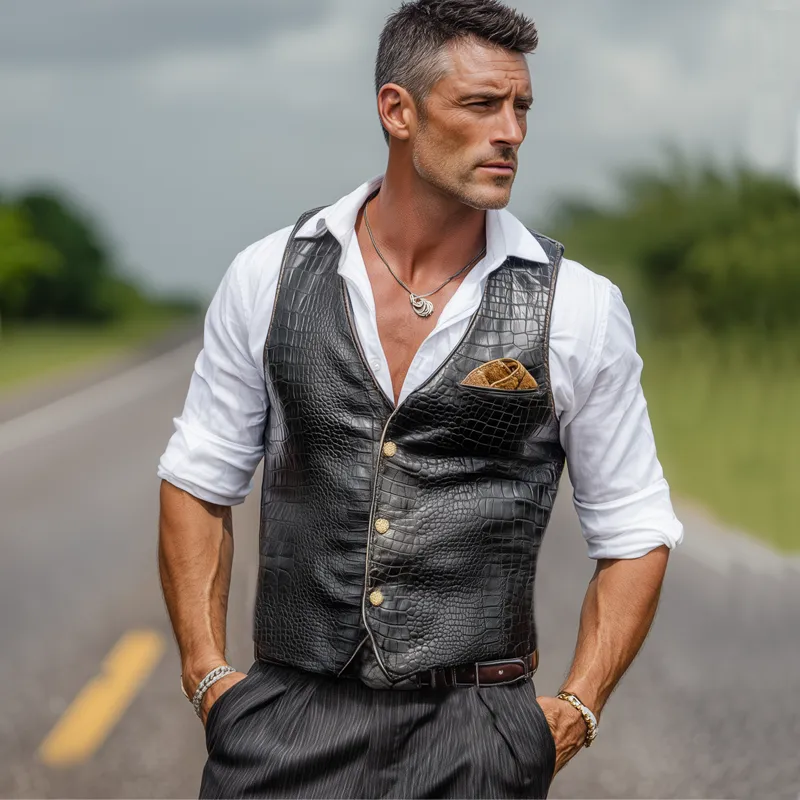 Men's Vintage Crocodile Textured PU Leather Three-button Vest MTA1305H0U sold by Manly product image thumbnail 3