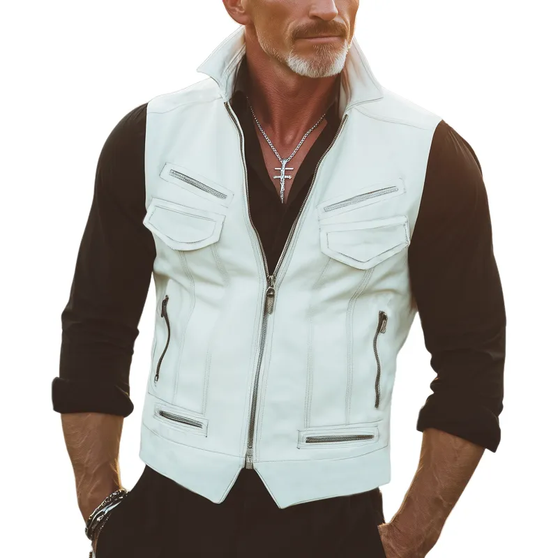 Men's Vintage Multi-Pocket Stand Collar PU Leather Zipper Vest MTA1413H2U sold by Manly