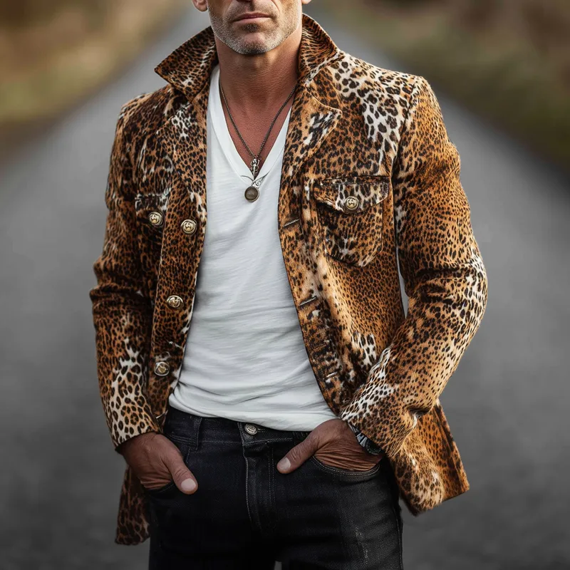 Men's Vintage Lapel Leopard Suede Button Short Coat MTA1415H3U sold by Manly product image thumbnail 2