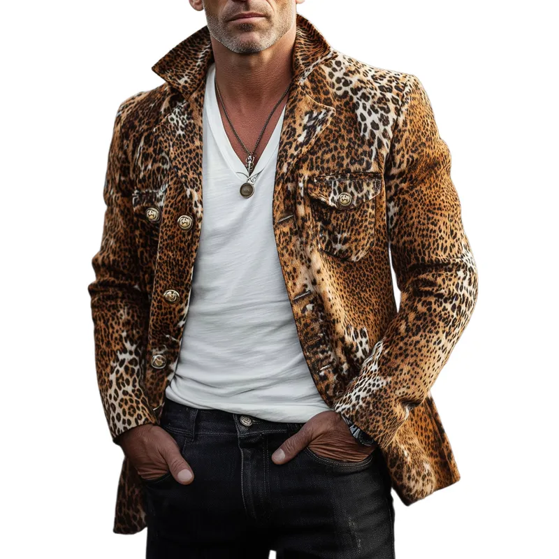 Men's Vintage Lapel Leopard Suede Button Short Coat MTA1415H3U sold by Manly