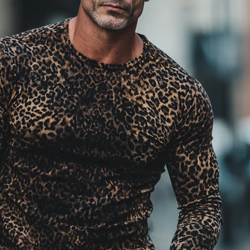 Men's Leopard Print Crew Neck Long T-shirt MTA1437H3X sold by Manly product image thumbnail 3