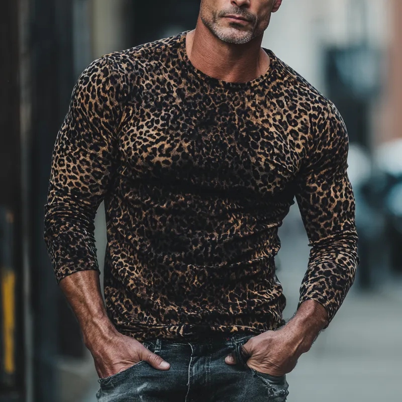Men's Leopard Print Crew Neck Long T-shirt MTA1437H3X sold by Manly product image thumbnail 2