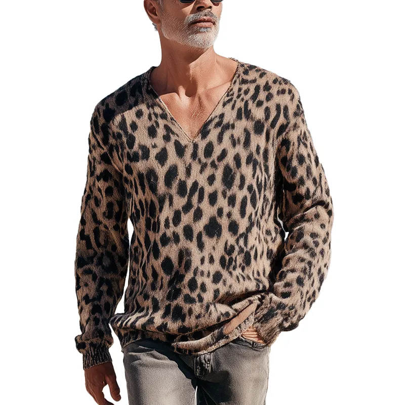 Men's Vintage Leopard Print Cotton Knit Long Sleeve Sweater MTA1422H2P sold by Manly