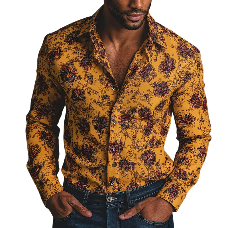 Men's Retro Casual Floral Print Lapel Long Sleeve Shirt MTA1340H1TO sold by Manly